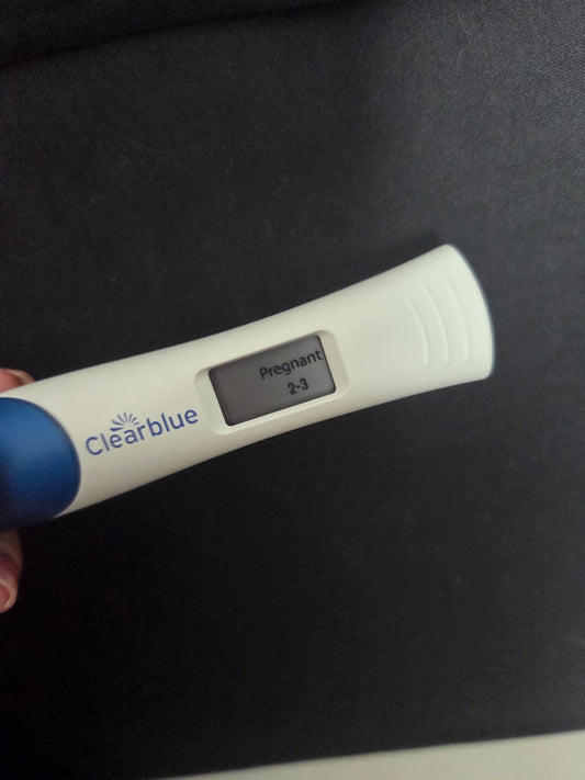 A Clearblue digital pregnancy test reading Pregnant 2-3, sent in by a Maia Baby customer